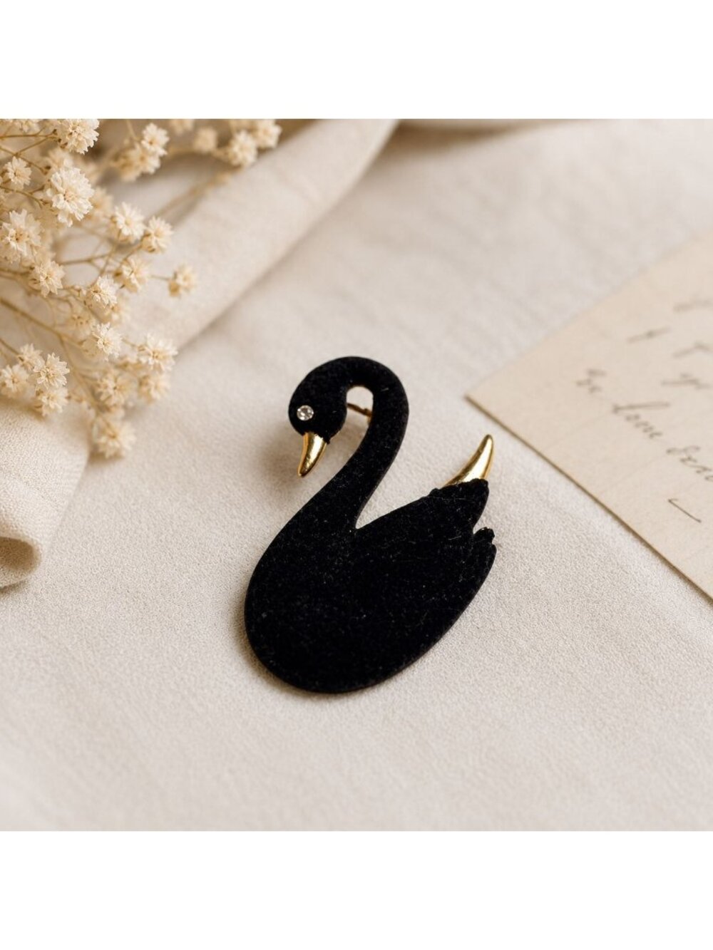 Black Swan Brooch Velvet Rhinestone Eye Old Money Style VTG Quiet Luxury Pin